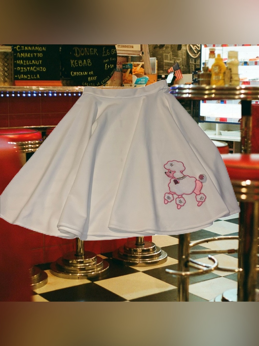 White Circle Skirt with Pink Poodle Embroidery Poodle Skirt Women's Small